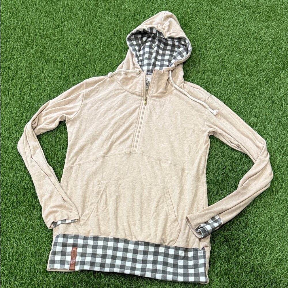 AMPERSAND AVE Beige Half-Zip Hoodie with Black & White Gingham Trim